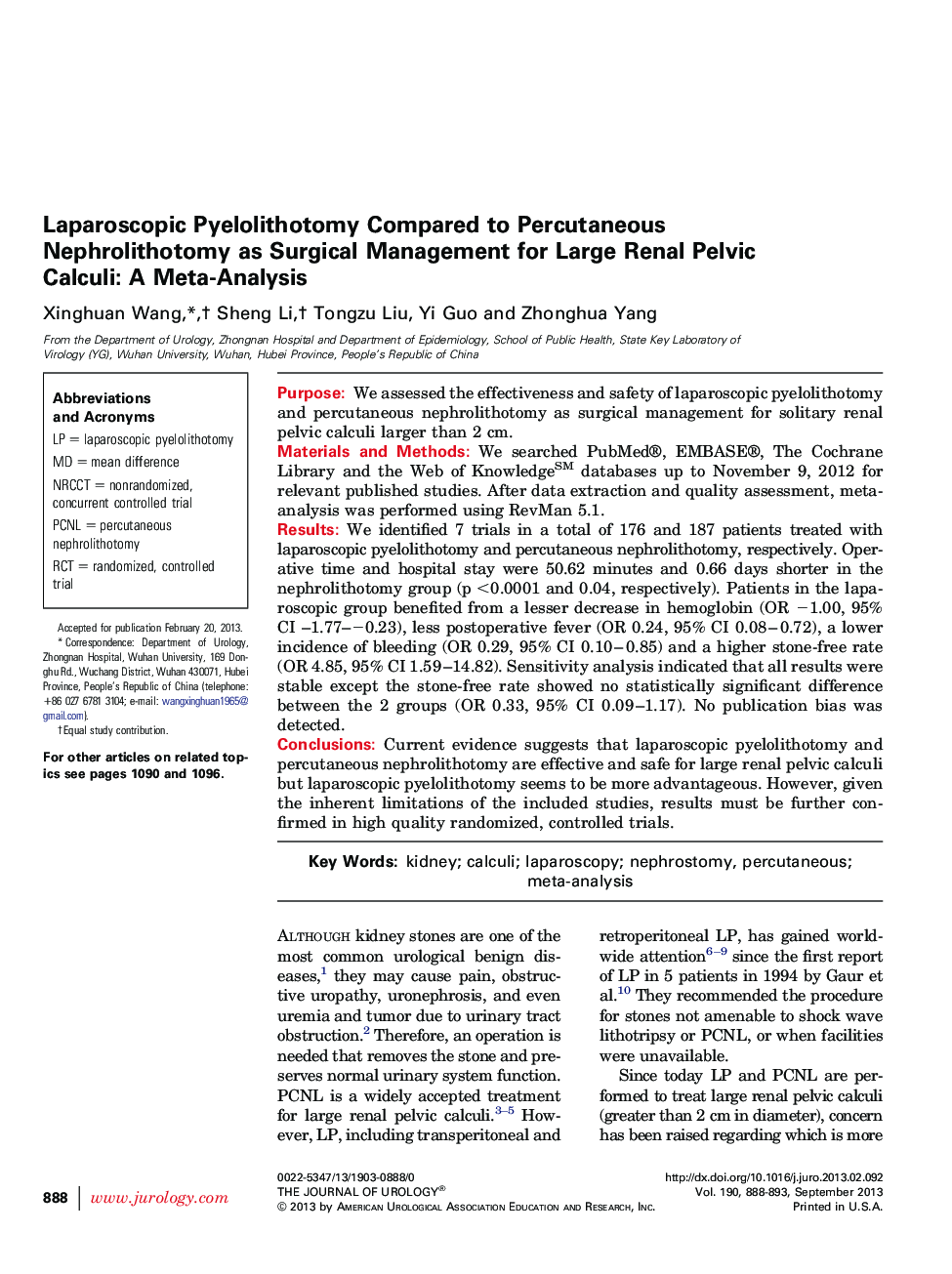 Laparoscopic Pyelolithotomy Compared to Percutaneous Nephrolithotomy as Surgical Management for Large Renal Pelvic Calculi: A Meta-Analysis 