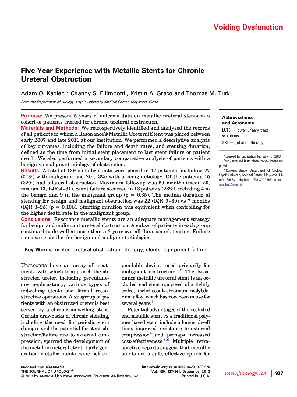 Five-Year Experience with Metallic Stents for Chronic Ureteral Obstruction