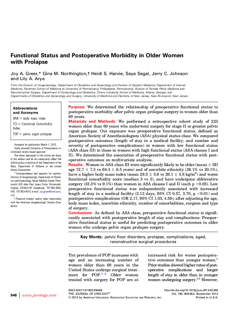 Functional Status and Postoperative Morbidity in Older Women with Prolapse 