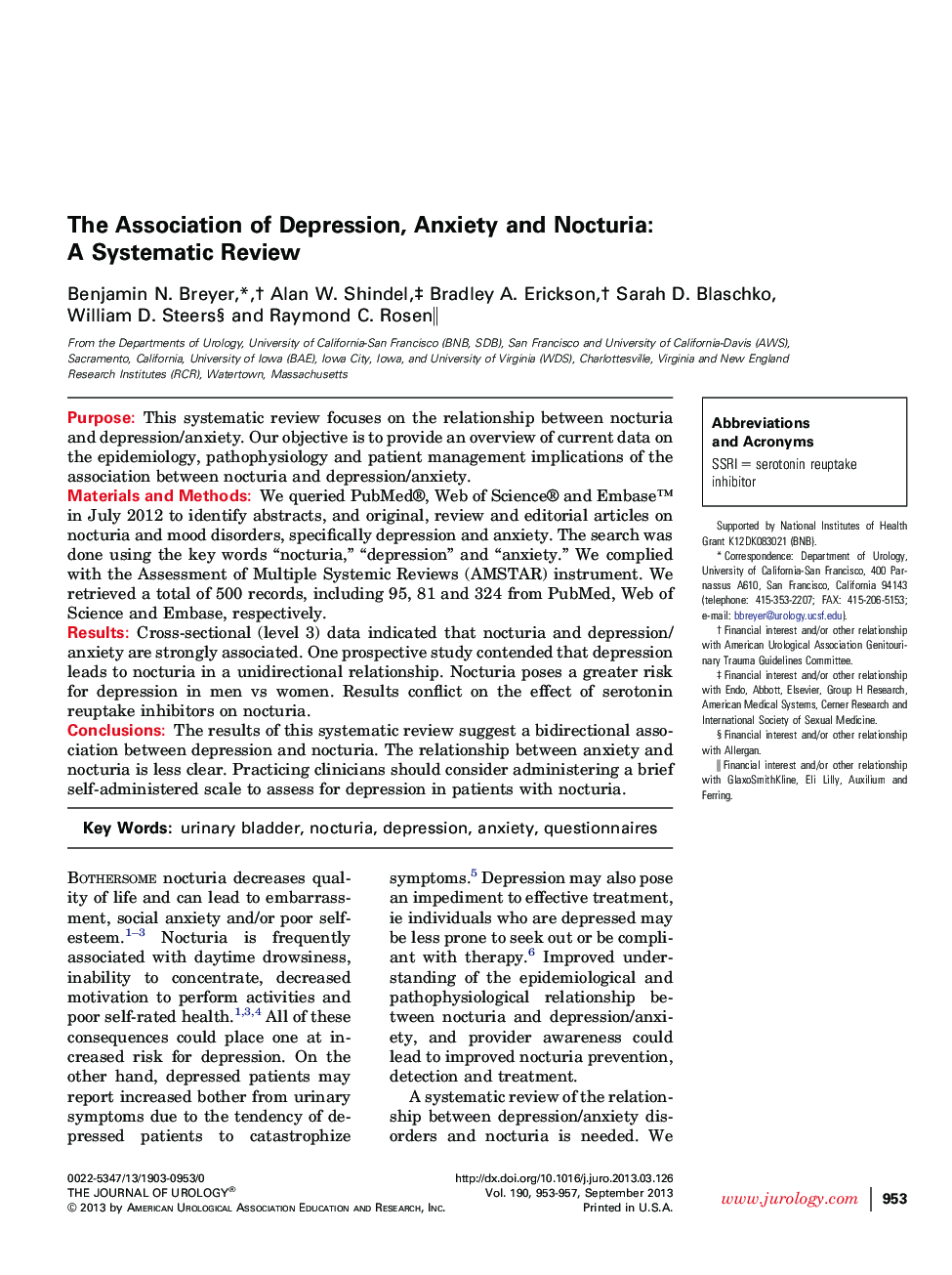 The Association of Depression, Anxiety and Nocturia: A Systematic Review 