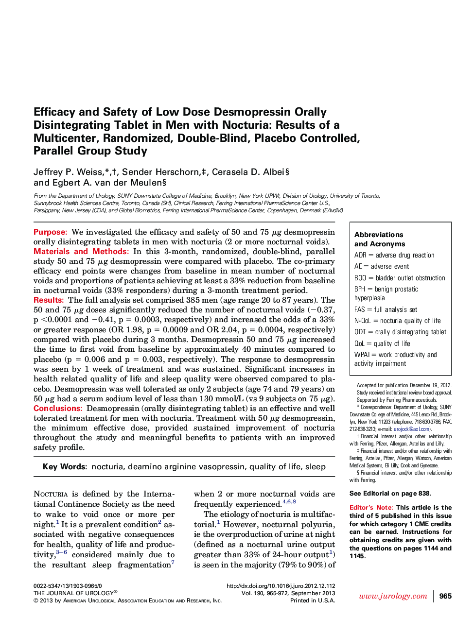 Efficacy and Safety of Low Dose Desmopressin Orally Disintegrating Tablet in Men with Nocturia: Results of a Multicenter, Randomized, Double-Blind, Placebo Controlled, Parallel Group Study 
