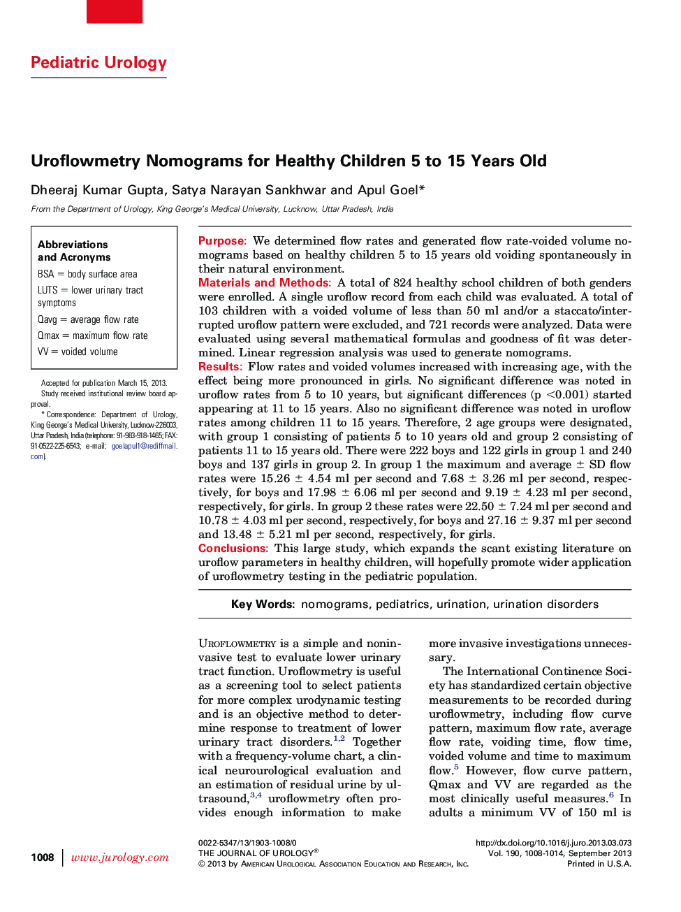 Uroflowmetry Nomograms for Healthy Children 5 to 15 Years Old 
