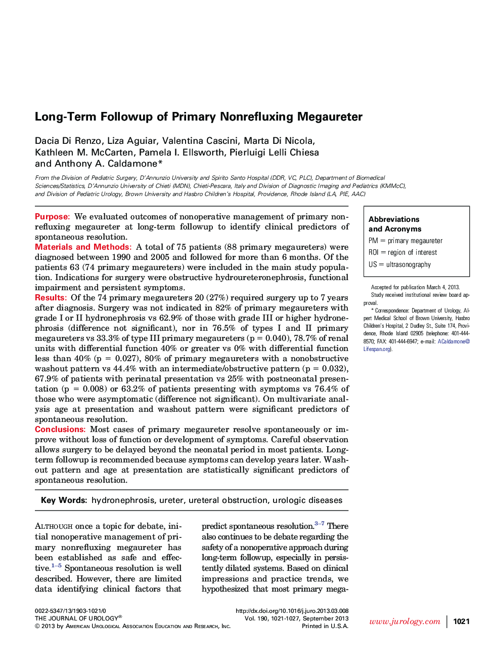 Long-Term Followup of Primary Nonrefluxing Megaureter 