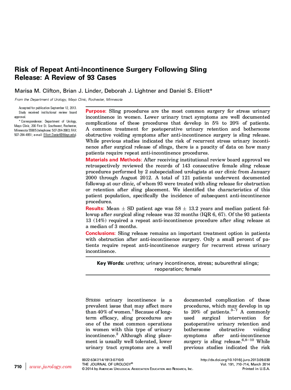 Risk of Repeat Anti-Incontinence Surgery Following Sling Release: A Review of 93 Cases 