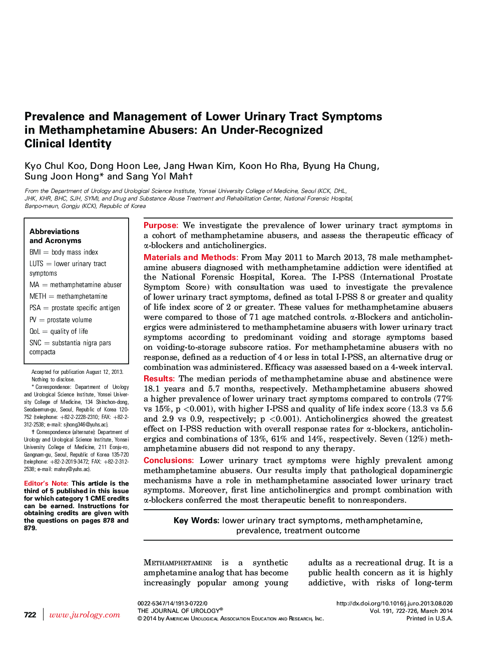 Prevalence and Management of Lower Urinary Tract Symptoms in Methamphetamine Abusers: An Under-Recognized Clinical Identity 