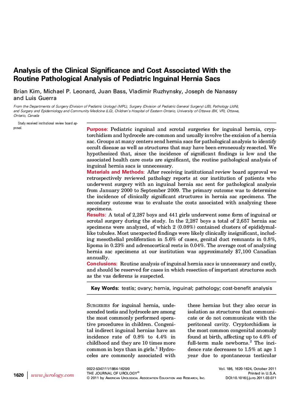 Analysis of the Clinical Significance and Cost Associated With the Routine Pathological Analysis of Pediatric Inguinal Hernia Sacs 