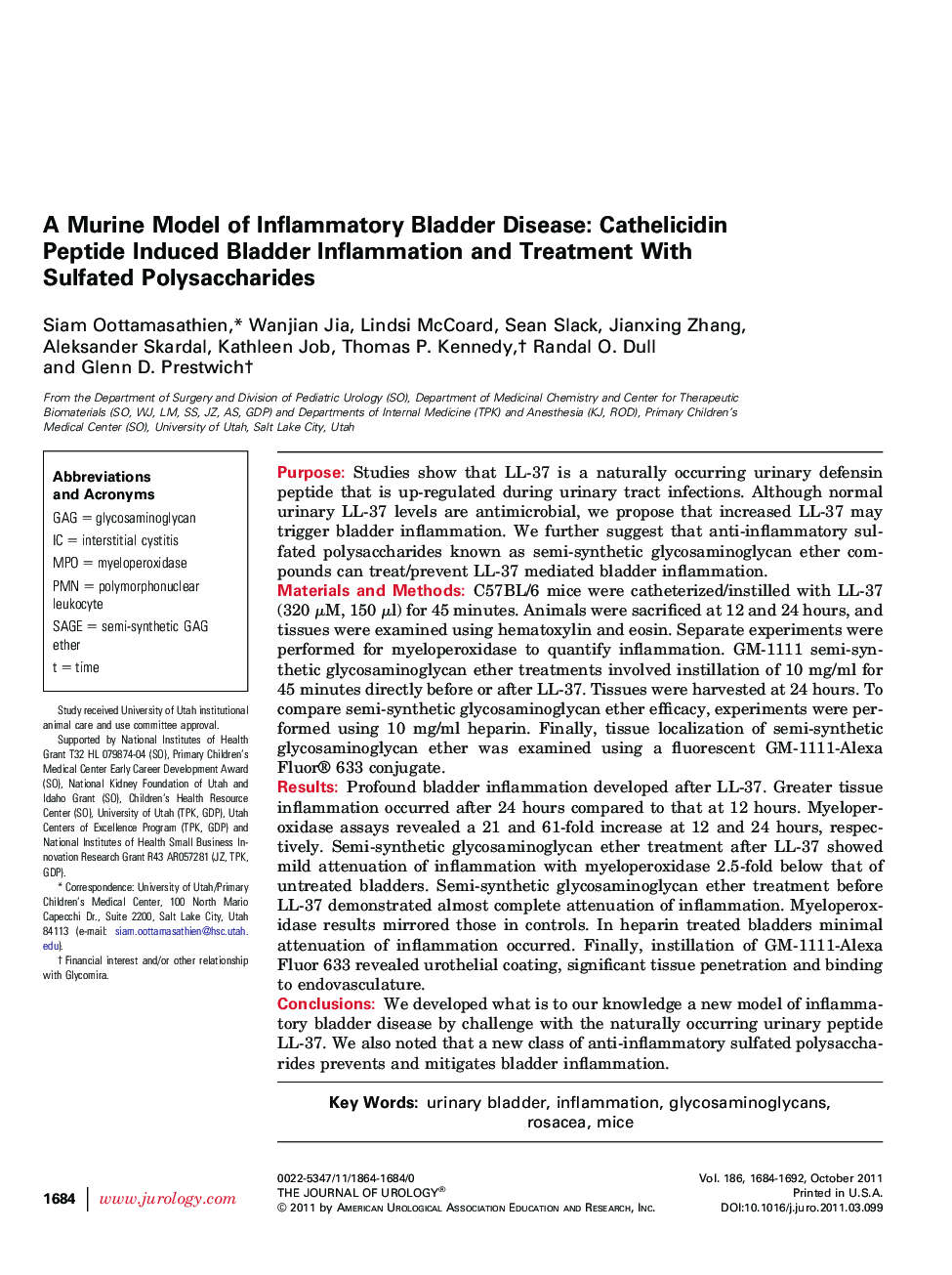 A Murine Model of Inflammatory Bladder Disease: Cathelicidin Peptide Induced Bladder Inflammation and Treatment With Sulfated Polysaccharides