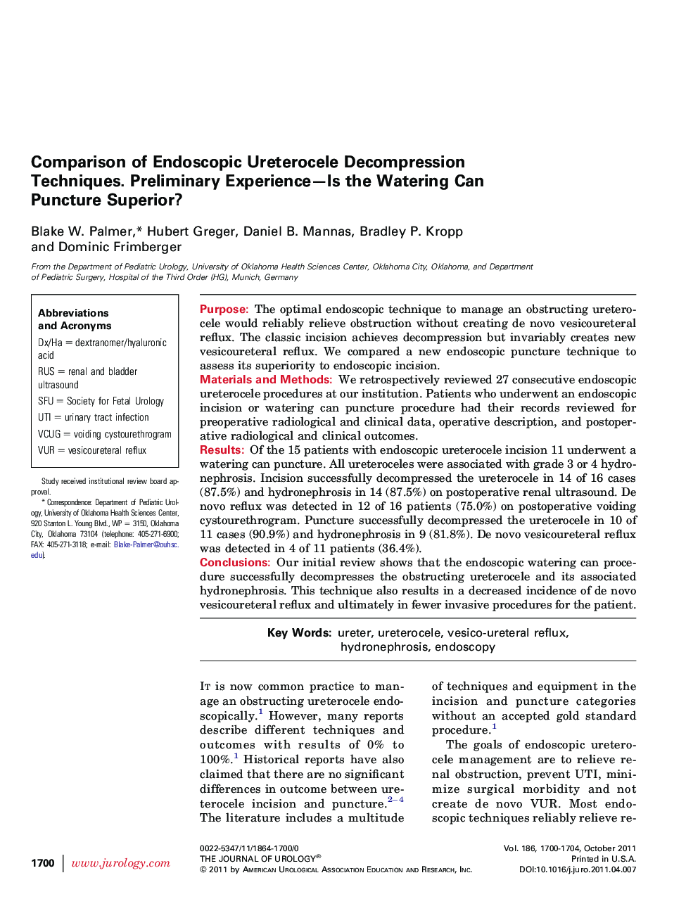 Comparison of Endoscopic Ureterocele Decompression Techniques. Preliminary Experience-Is the Watering Can Puncture Superior?