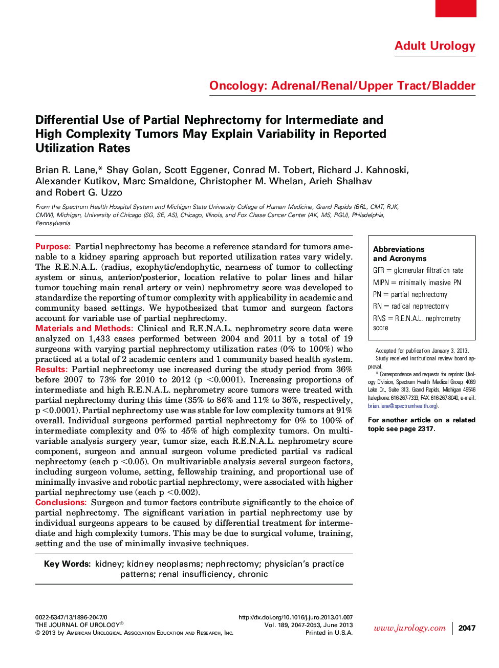 Differential Use of Partial Nephrectomy for Intermediate and High Complexity Tumors May Explain Variability in Reported Utilization Rates 