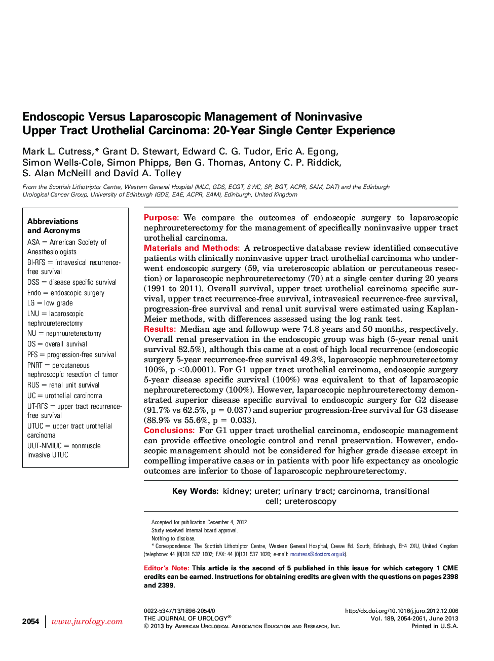 Endoscopic Versus Laparoscopic Management of Noninvasive Upper Tract Urothelial Carcinoma: 20-Year Single Center Experience