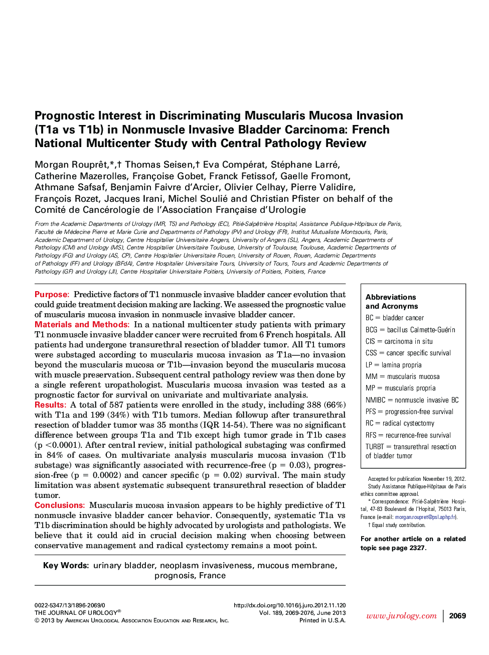 Prognostic Interest in Discriminating Muscularis Mucosa Invasion (T1a vs T1b) in Nonmuscle Invasive Bladder Carcinoma: French National Multicenter Study with Central Pathology Review 