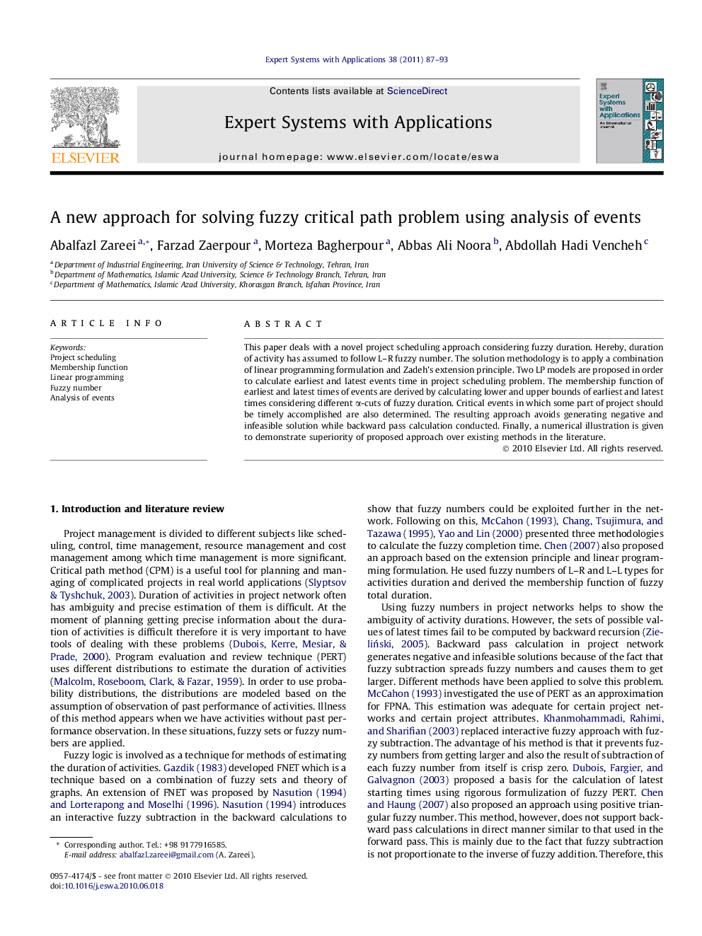 A new approach for solving fuzzy critical path problem using analysis of events