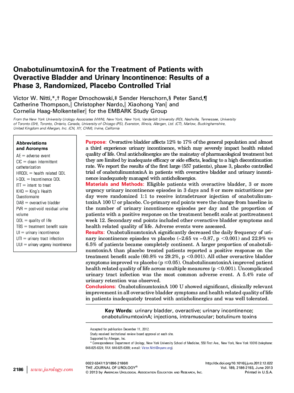 OnabotulinumtoxinA for the Treatment of Patients with Overactive Bladder and Urinary Incontinence: Results of a Phase 3, Randomized, Placebo Controlled Trial 