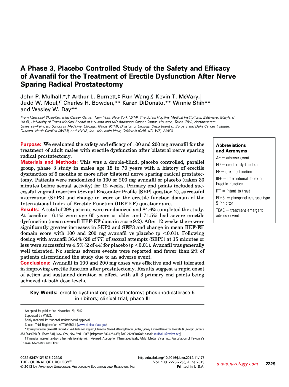 A Phase 3, Placebo Controlled Study of the Safety and Efficacy of Avanafil for the Treatment of Erectile Dysfunction After Nerve Sparing Radical Prostatectomy 