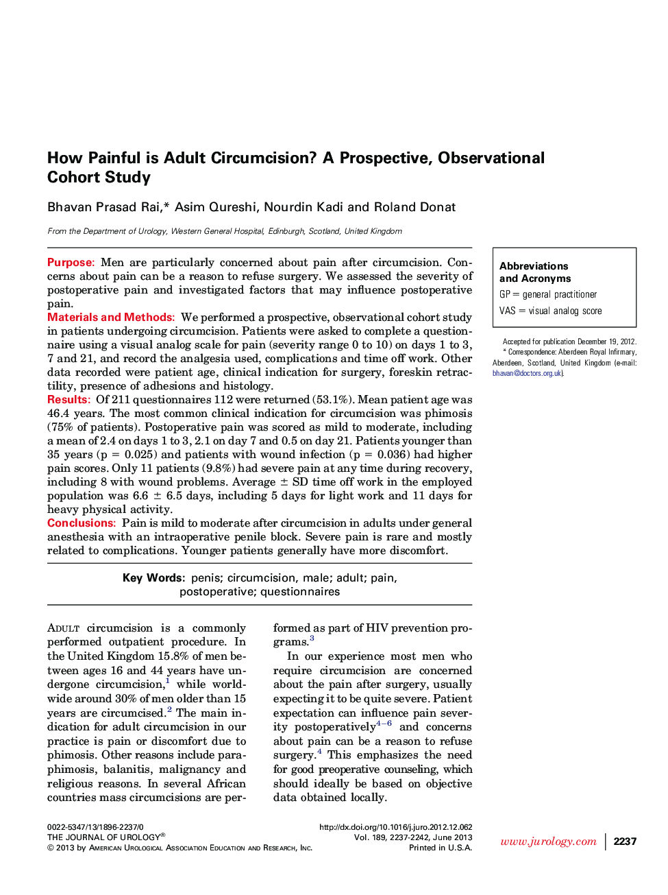 How Painful is Adult Circumcision? A Prospective, Observational Cohort Study