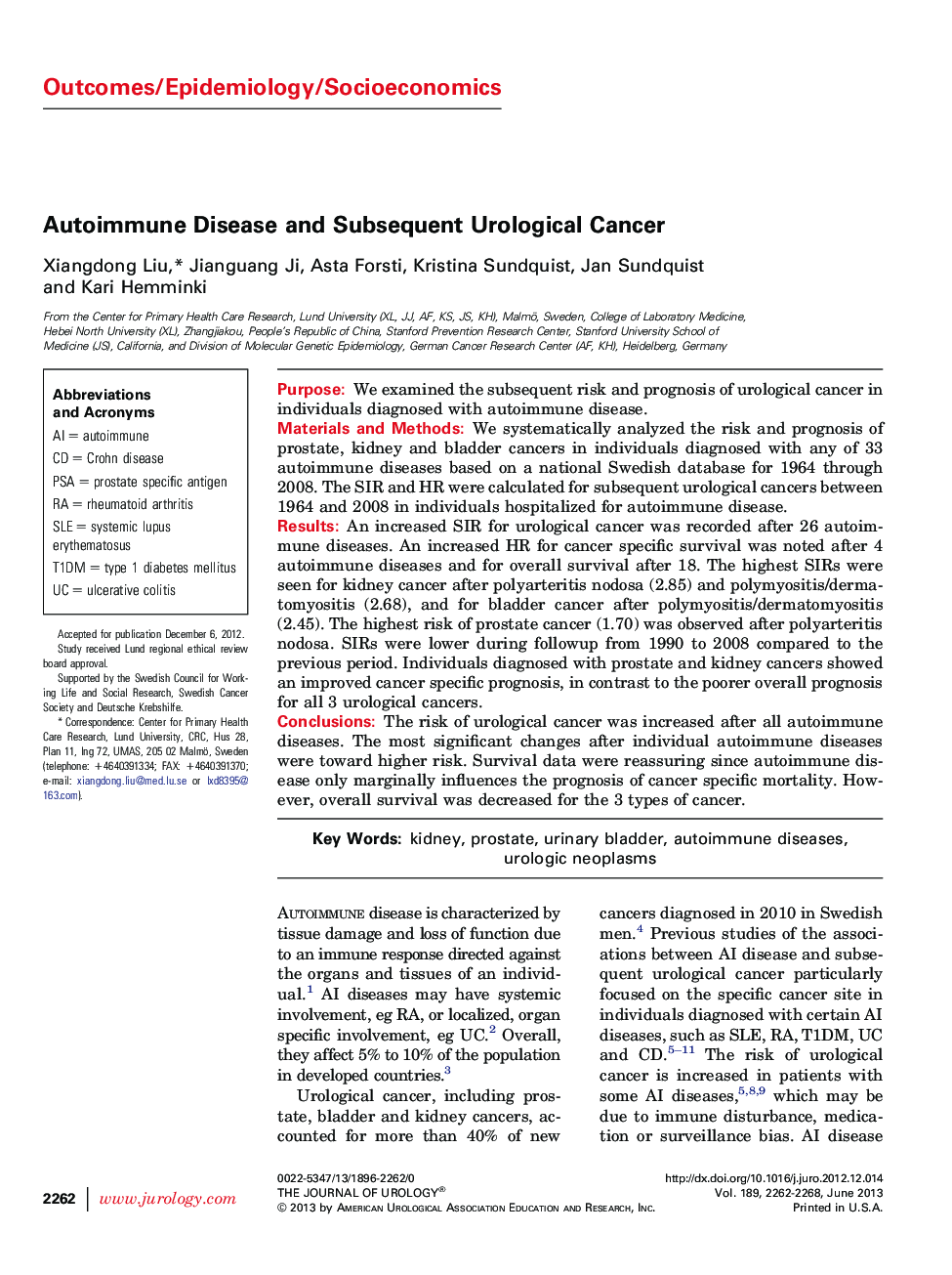 Autoimmune Disease and Subsequent Urological Cancer