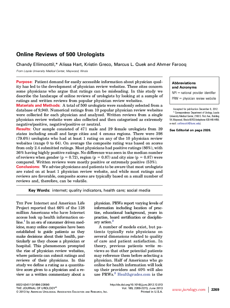 Online Reviews of 500 Urologists 