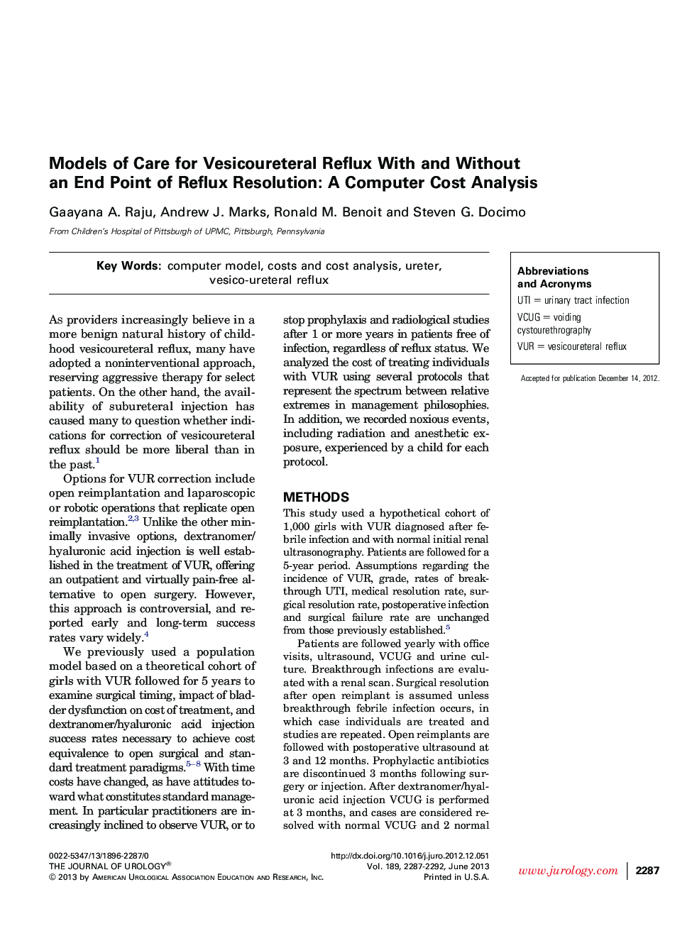 Models of Care for Vesicoureteral Reflux With and Without an End Point of Reflux Resolution: A Computer Cost Analysis