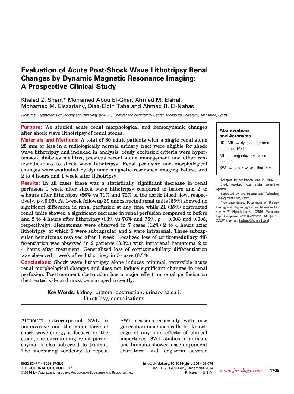 Evaluation of Acute Post-Shock Wave Lithotripsy Renal Changes by Dynamic Magnetic Resonance Imaging: A Prospective Clinical Study