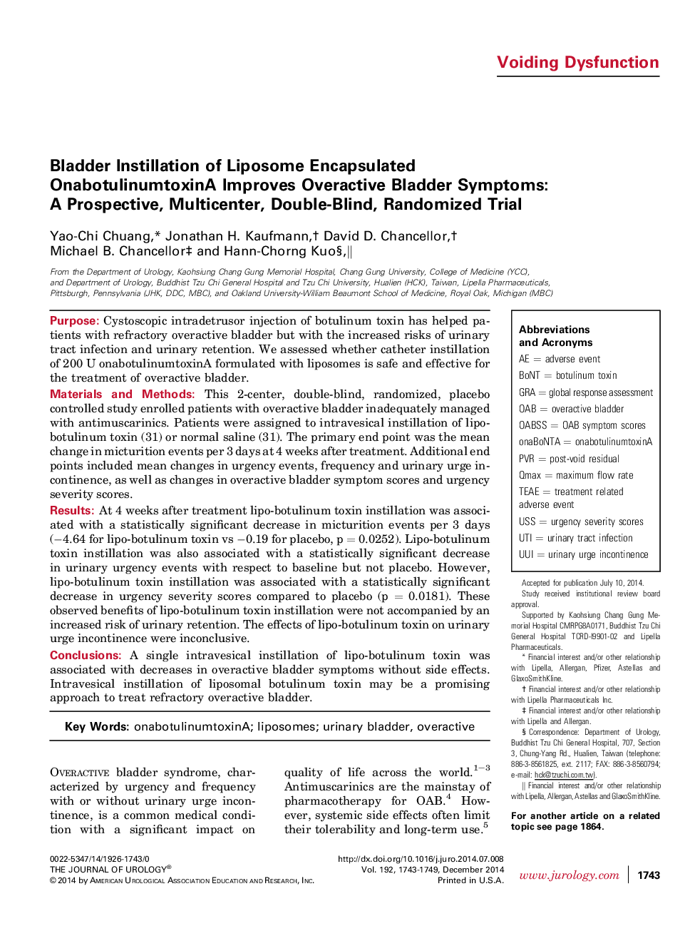 Bladder Instillation of Liposome Encapsulated OnabotulinumtoxinA Improves Overactive Bladder Symptoms: A Prospective, Multicenter, Double-Blind, Randomized Trial