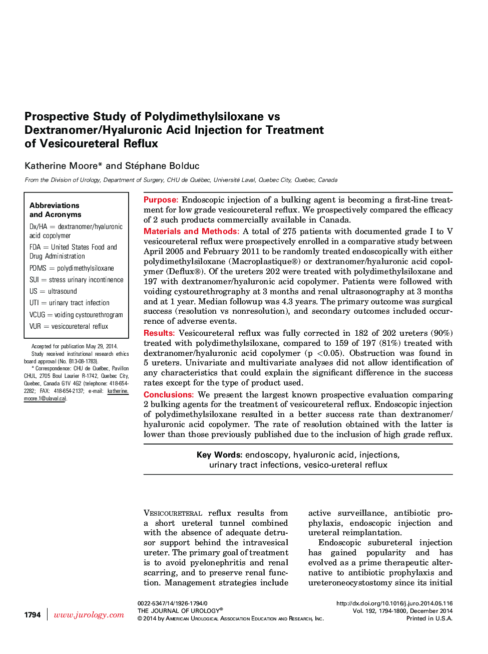 Prospective Study of Polydimethylsiloxane vs Dextranomer/Hyaluronic Acid Injection for Treatment of Vesicoureteral Reflux 