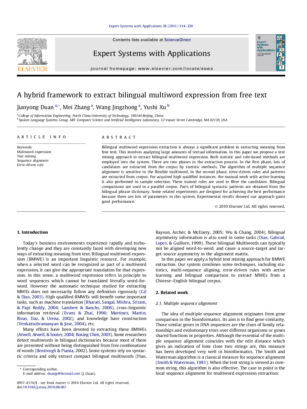 عکس صفحه اول مقاله: A hybrid framework to extract bilingual multiword expression from free text A hybrid framework to extract bilingual multiword expression from free text