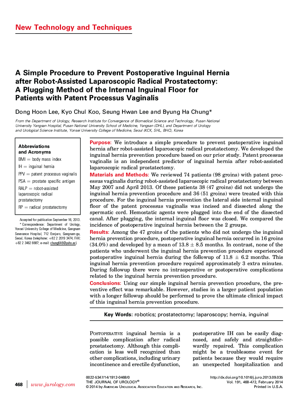 A Simple Procedure to Prevent Postoperative Inguinal Hernia after Robot-Assisted Laparoscopic Radical Prostatectomy: A Plugging Method of the Internal Inguinal Floor for Patients with Patent Processus Vaginalis