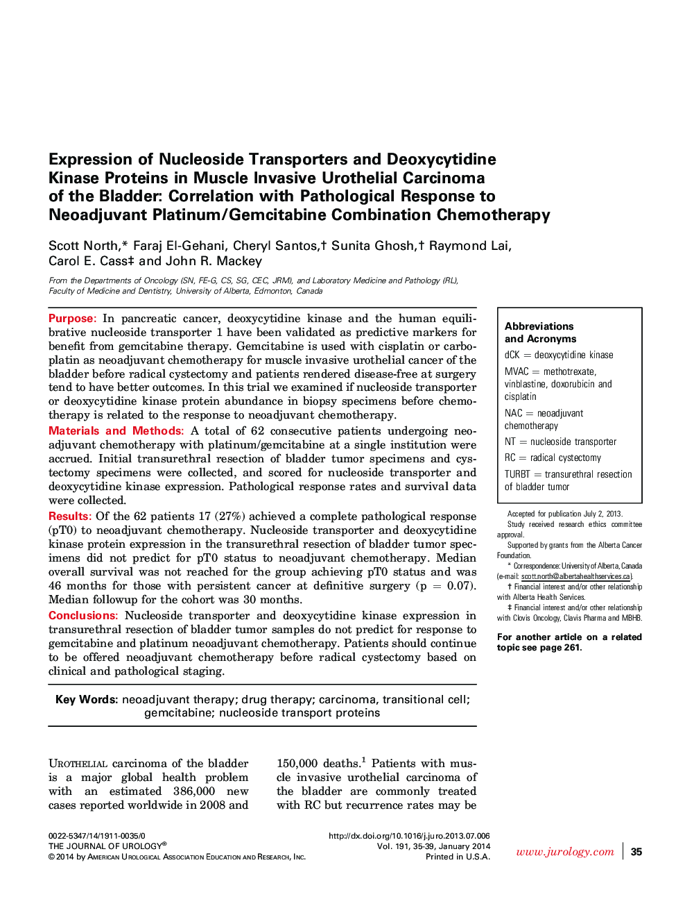 Expression of Nucleoside Transporters and Deoxycytidine Kinase Proteins in Muscle Invasive Urothelial Carcinoma of the Bladder: Correlation with Pathological Response to Neoadjuvant Platinum/Gemcitabine Combination Chemotherapy 