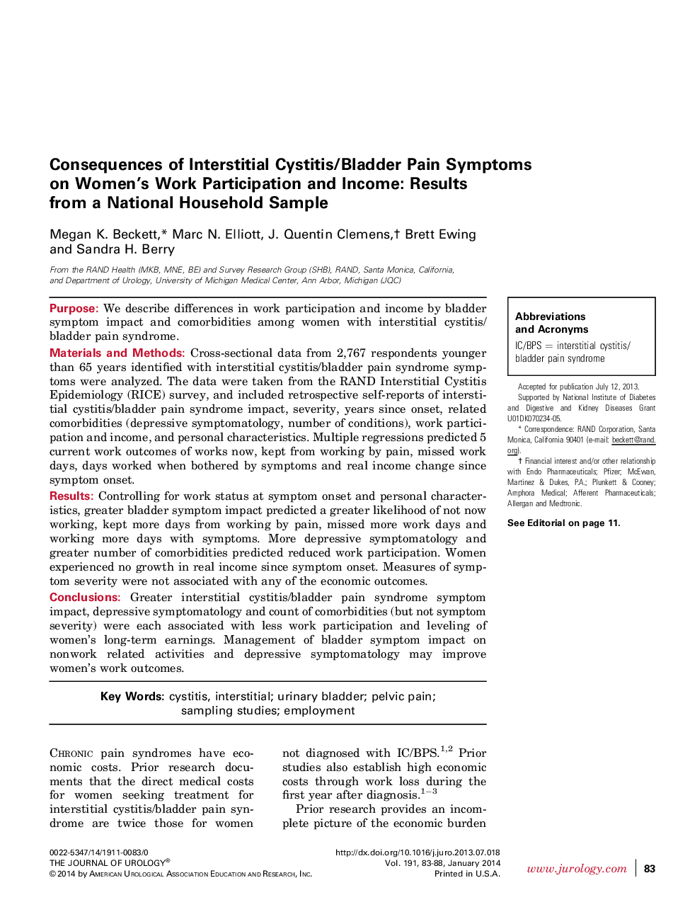 Consequences of Interstitial Cystitis/Bladder Pain Symptoms on Women's Work Participation and Income: Results from a National Household Sample 