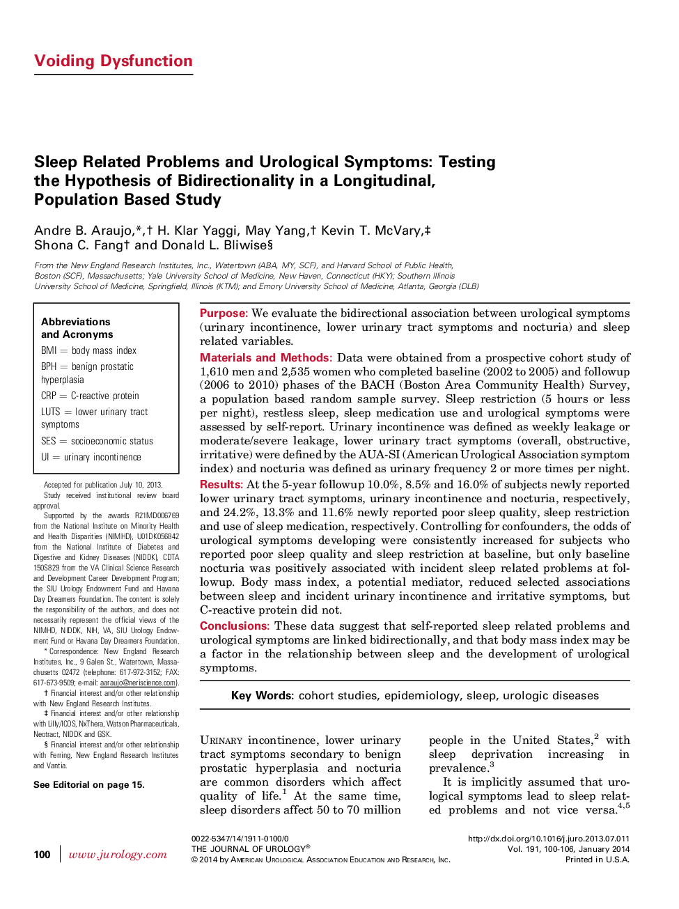 Sleep Related Problems and Urological Symptoms: Testing the Hypothesis of Bidirectionality in a Longitudinal, Population Based Study 