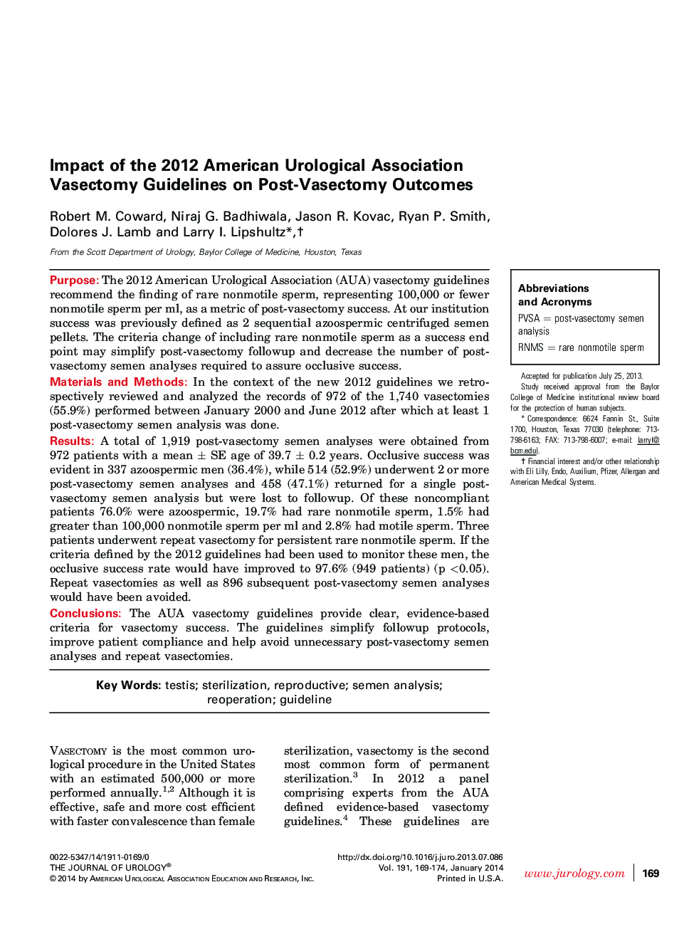 Impact of the 2012 American Urological Association Vasectomy Guidelines on Post-Vasectomy Outcomes