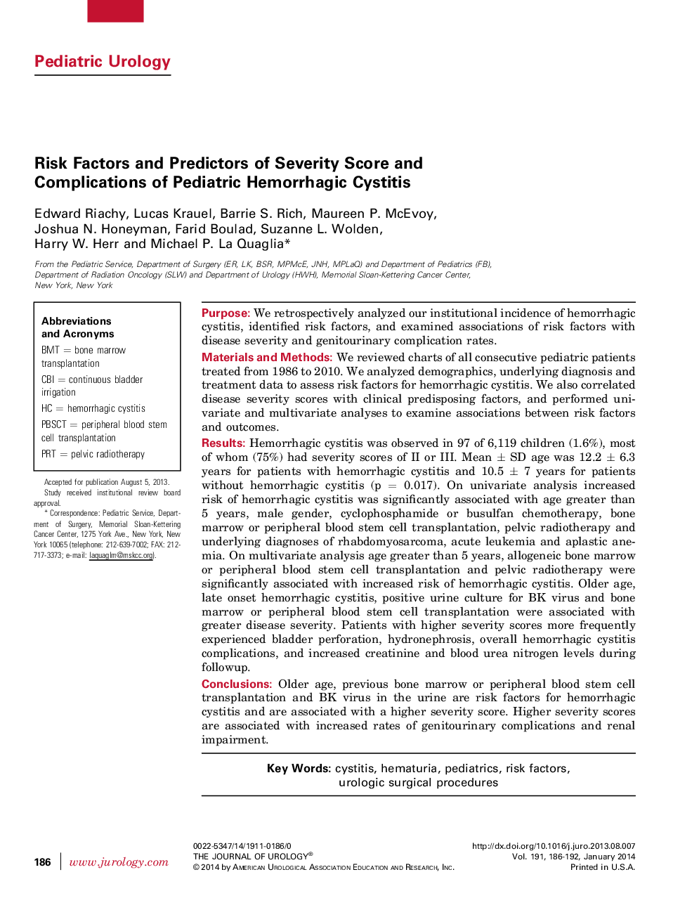 Risk Factors and Predictors of Severity Score and Complications of Pediatric Hemorrhagic Cystitis 