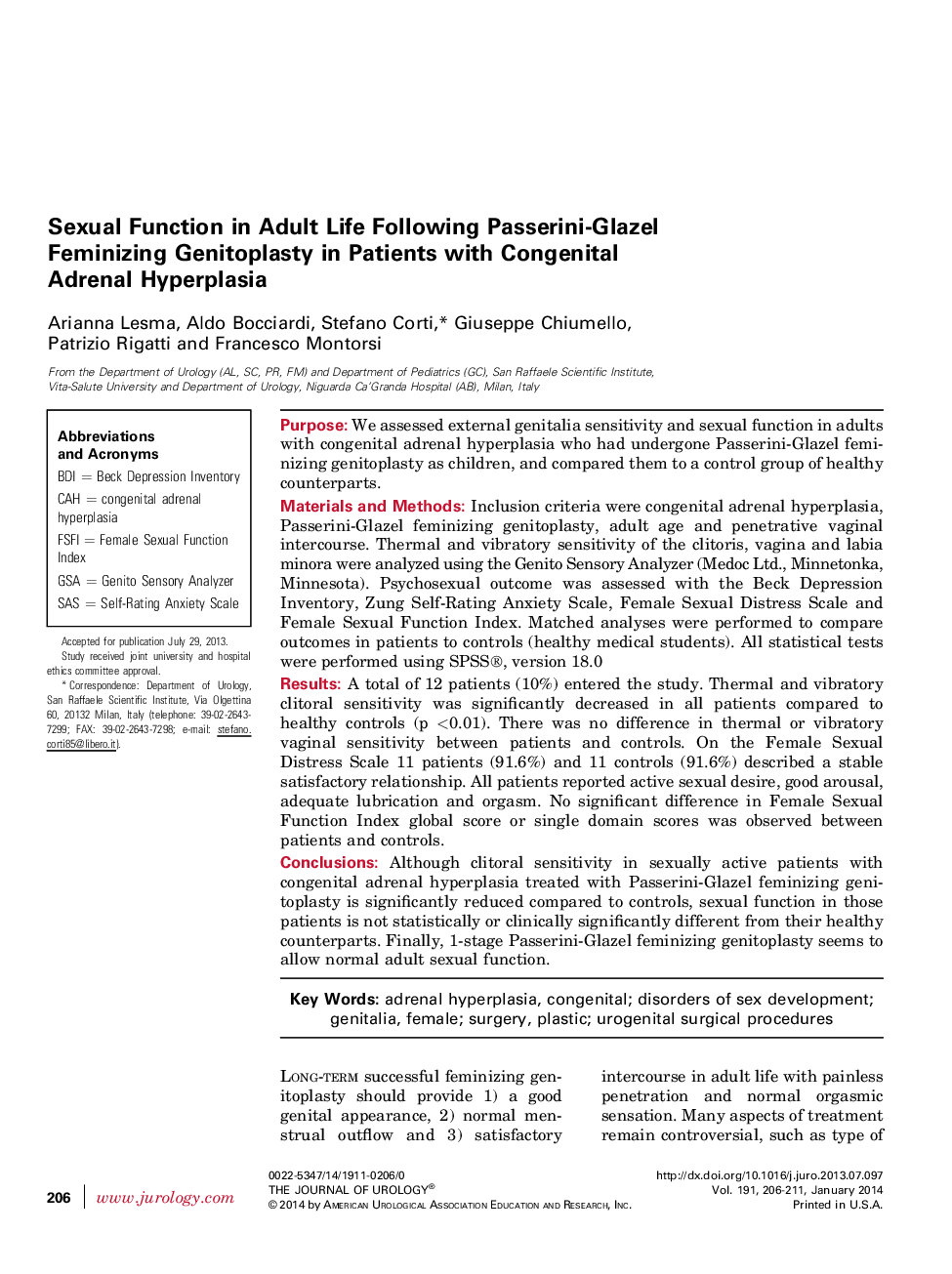 Sexual Function in Adult Life Following Passerini-Glazel Feminizing Genitoplasty in Patients with Congenital Adrenal Hyperplasia 