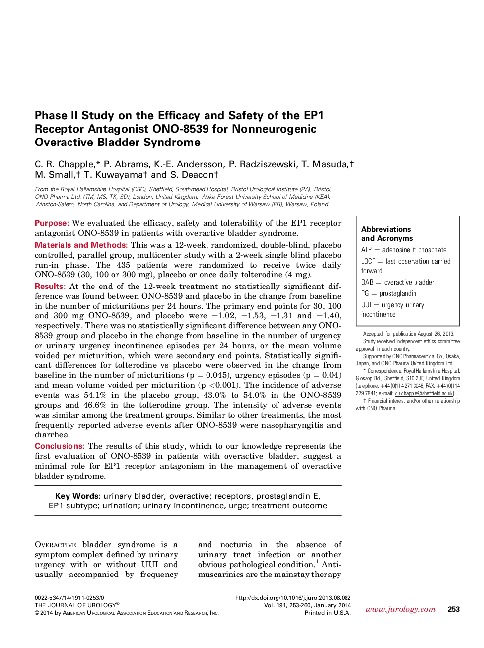 Phase II Study on the Efficacy and Safety of the EP1 Receptor Antagonist ONO-8539 for Nonneurogenic Overactive Bladder Syndrome 