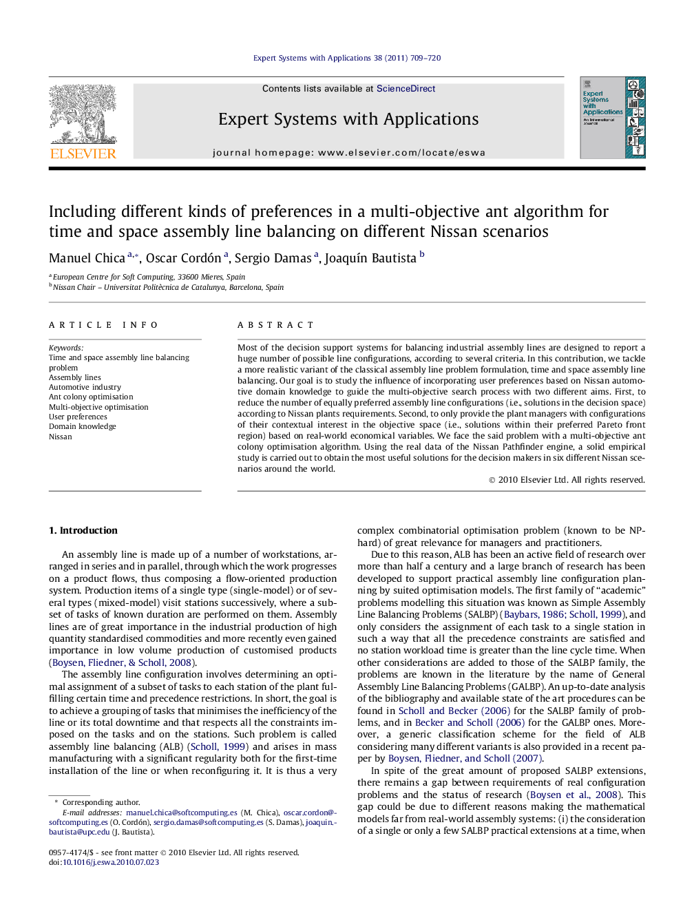 Including different kinds of preferences in a multi-objective ant algorithm for time and space assembly line balancing on different Nissan scenarios