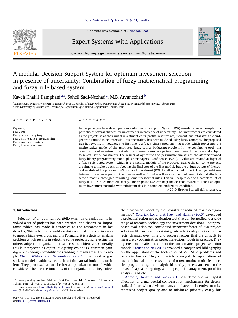 A modular Decision Support System for optimum investment selection in presence of uncertainty: Combination of fuzzy mathematical programming and fuzzy rule based system