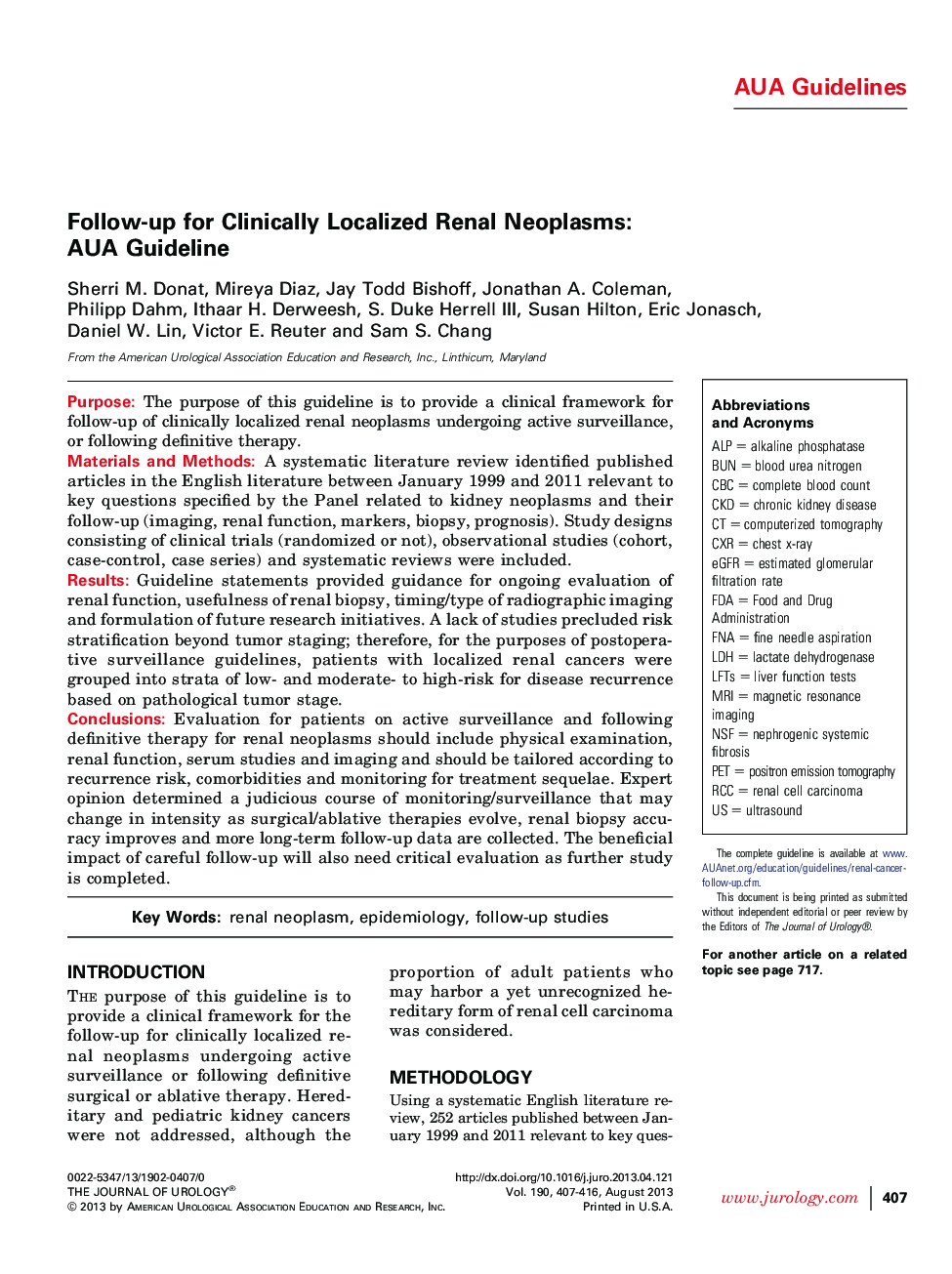 Follow-up for Clinically Localized Renal Neoplasms: AUA Guideline 