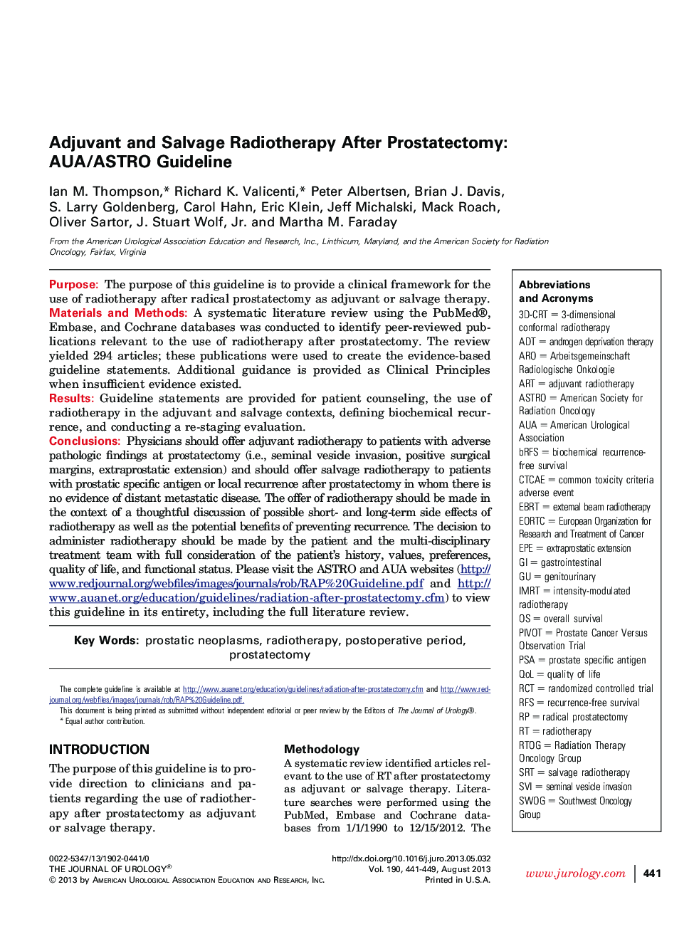 Adjuvant and Salvage Radiotherapy After Prostatectomy: AUA/ASTRO Guideline 