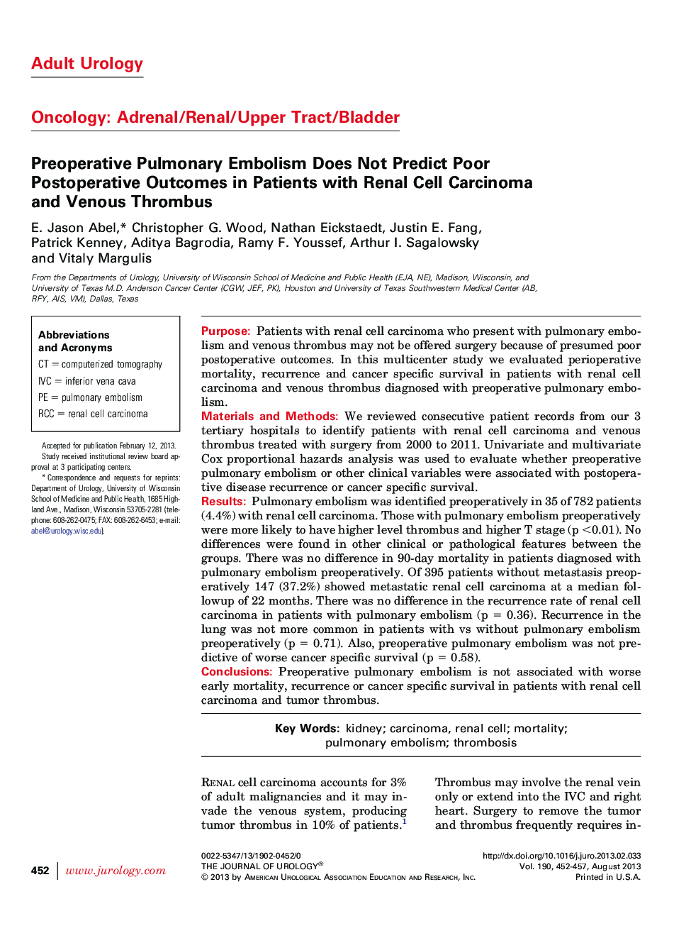 Preoperative Pulmonary Embolism Does Not Predict Poor Postoperative Outcomes in Patients with Renal Cell Carcinoma and Venous Thrombus 