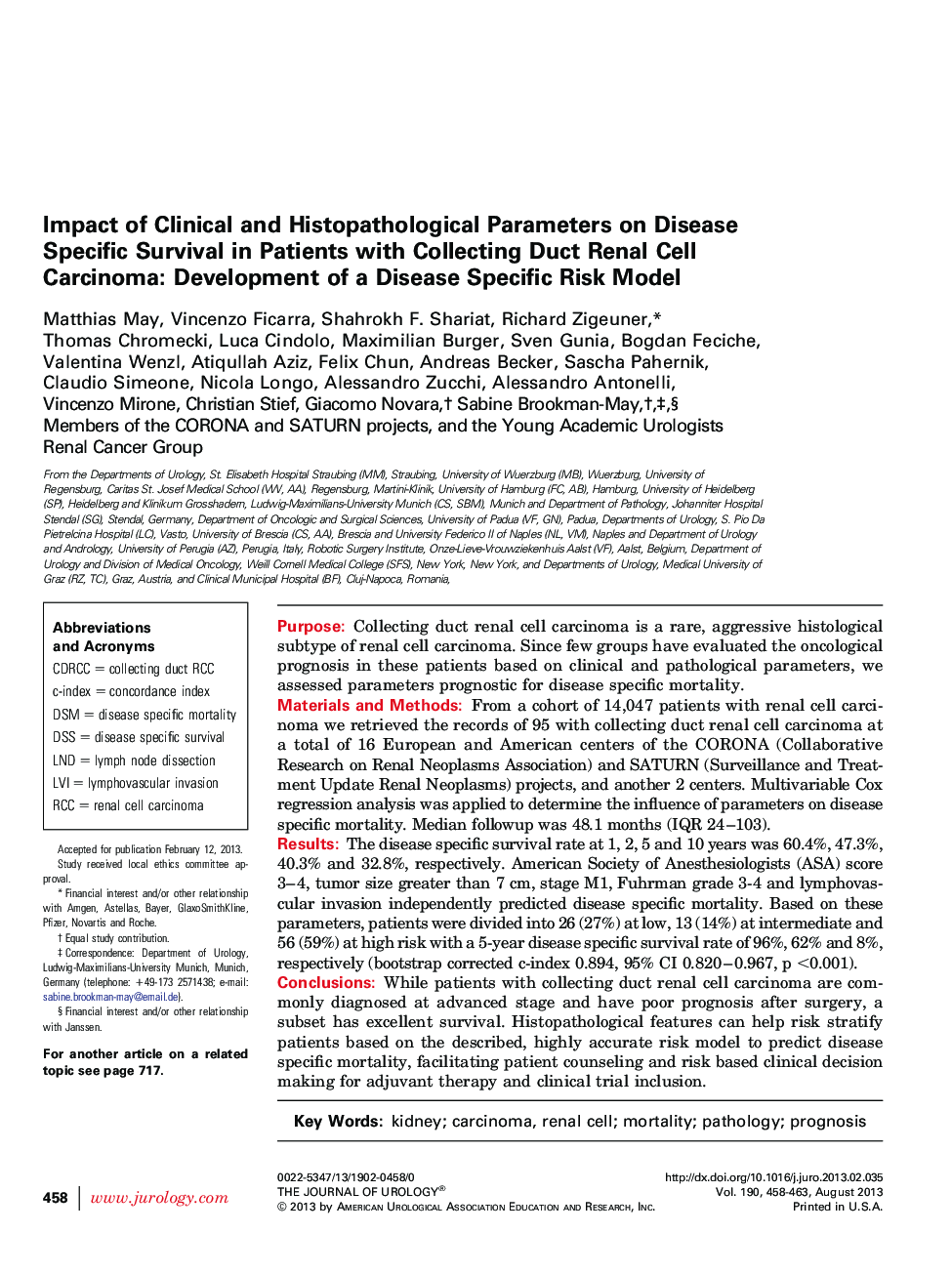 Impact of Clinical and Histopathological Parameters on Disease Specific Survival in Patients with Collecting Duct Renal Cell Carcinoma: Development of a Disease Specific Risk Model 