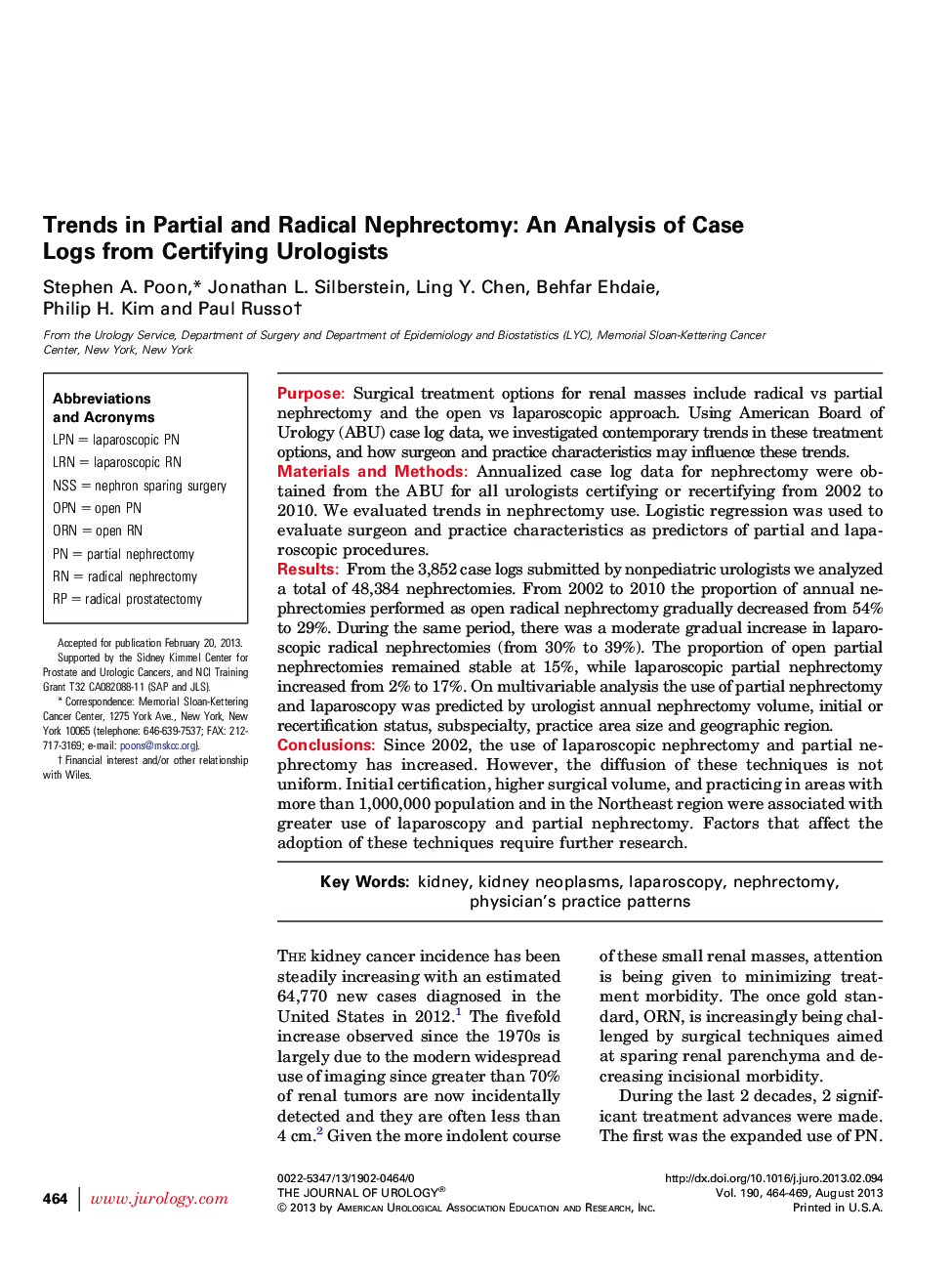 Trends in Partial and Radical Nephrectomy: An Analysis of Case Logs from Certifying Urologists 