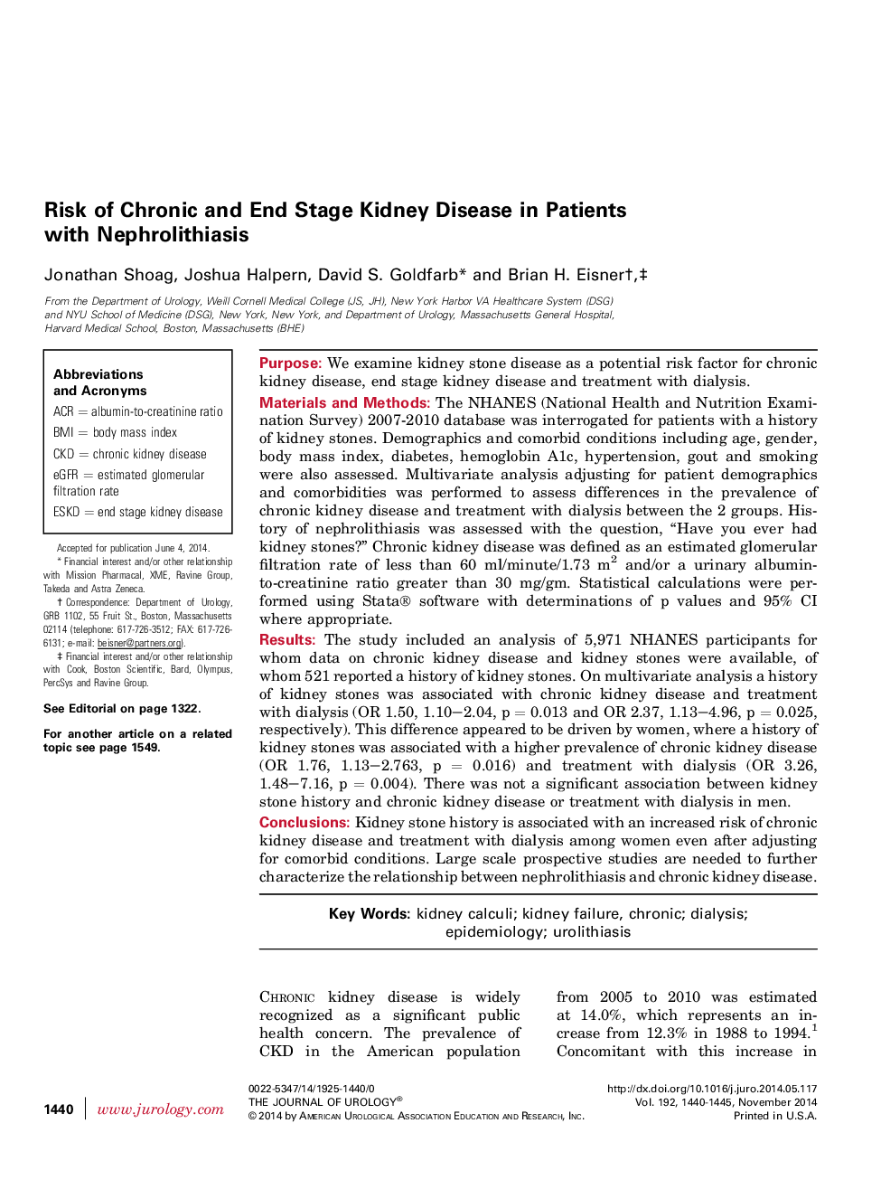 Risk of Chronic and End Stage Kidney Disease in Patients with Nephrolithiasis 