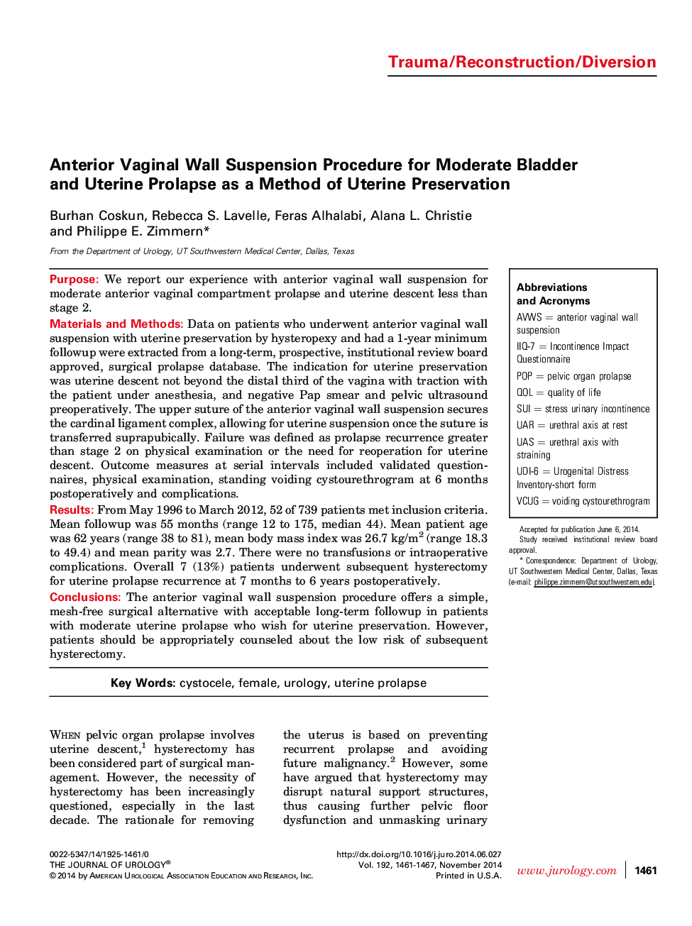 Anterior Vaginal Wall Suspension Procedure for Moderate Bladder and Uterine Prolapse as a Method of Uterine Preservation 