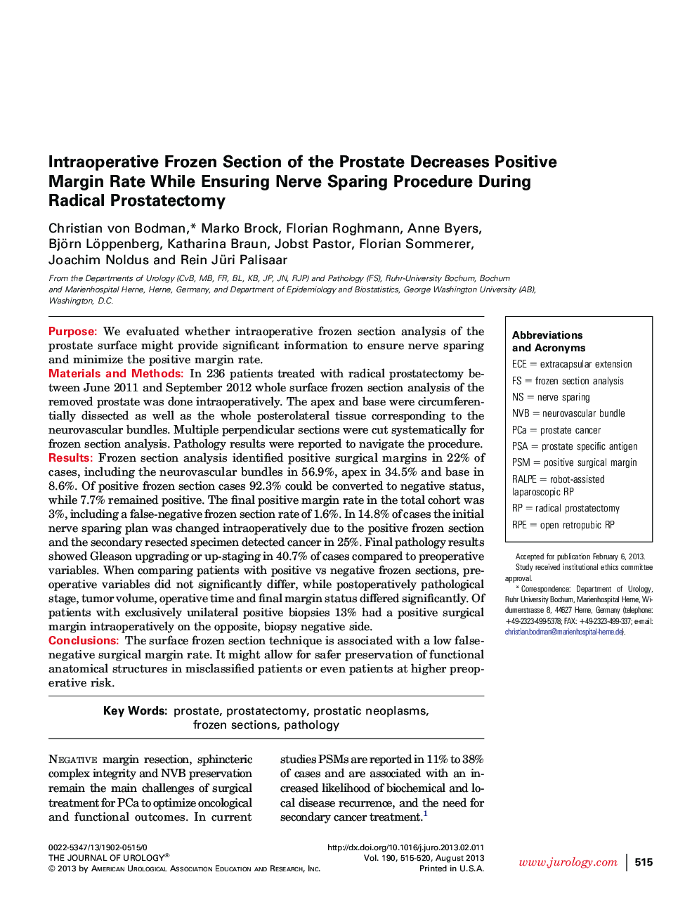 Intraoperative Frozen Section of the Prostate Decreases Positive Margin Rate While Ensuring Nerve Sparing Procedure During Radical Prostatectomy 