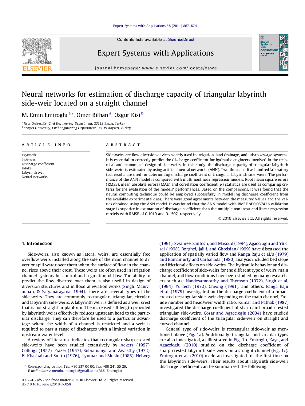 Neural networks for estimation of discharge capacity of triangular labyrinth side-weir located on a straight channel