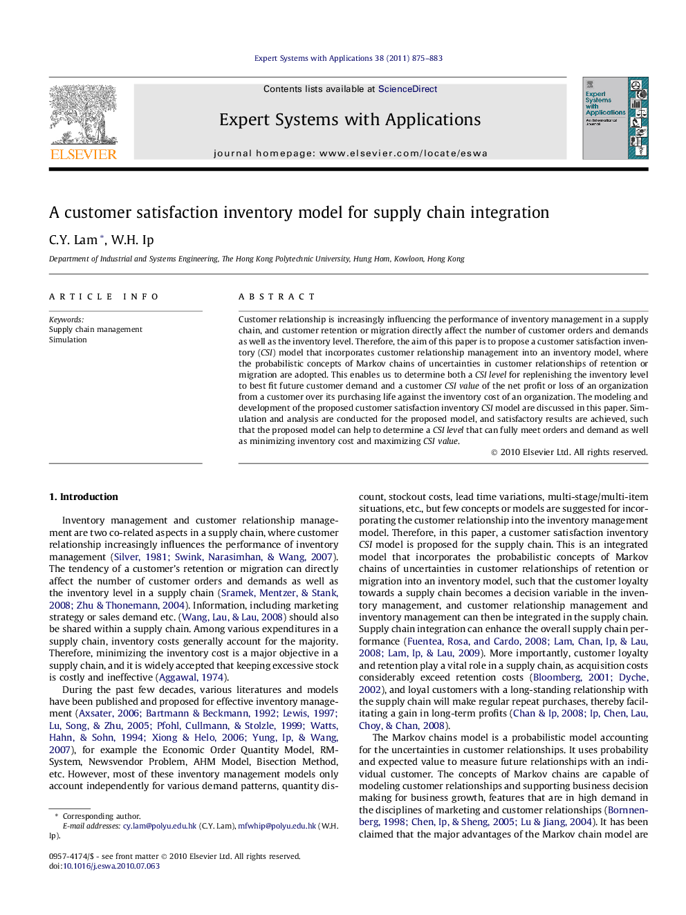 A customer satisfaction inventory model for supply chain integration