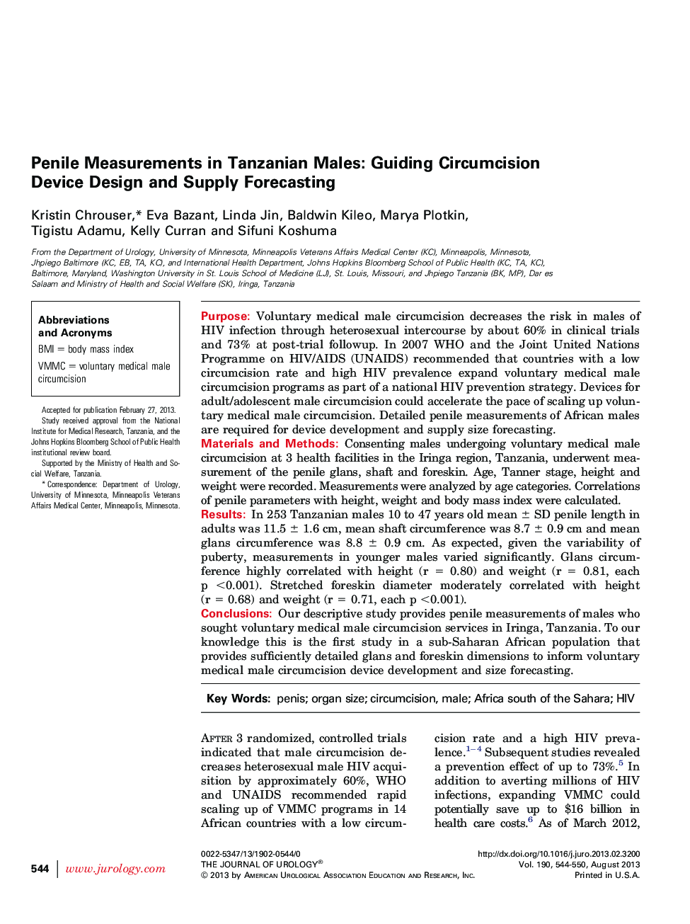 Penile Measurements in Tanzanian Males: Guiding Circumcision Device Design and Supply Forecasting