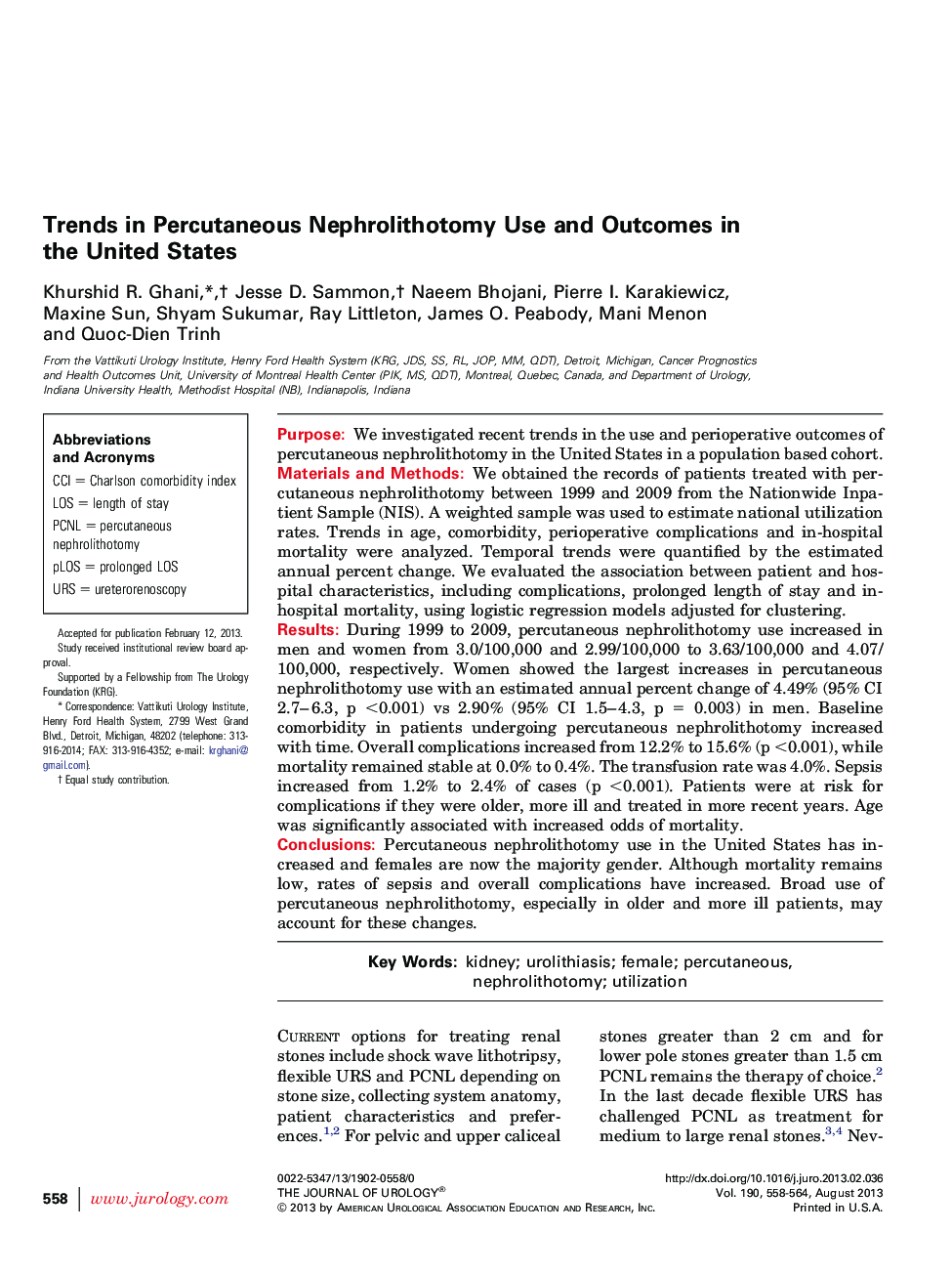 Trends in Percutaneous Nephrolithotomy Use and Outcomes in the United States 