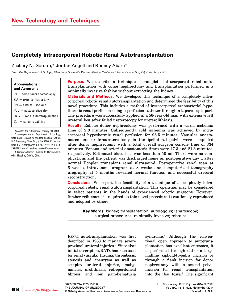 Completely Intracorporeal Robotic Renal Autotransplantation