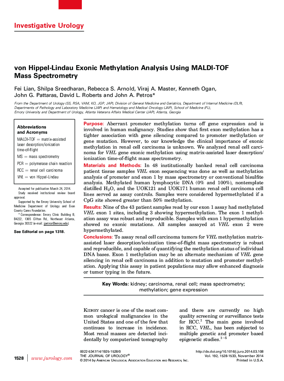 von Hippel-Lindau Exonic Methylation Analysis Using MALDI-TOF Mass Spectrometry 